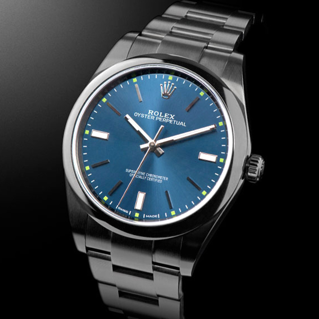 Rolex Oyster Perpetual Blue Dial Black PVD/DLC Coated Stainless Steel Watch 114300