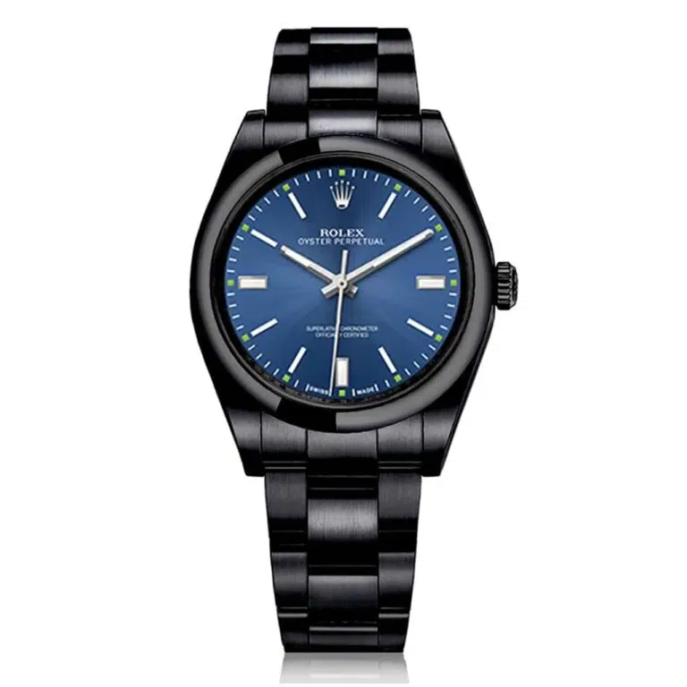 Rolex Oyster Perpetual Blue Dial Black PVD/DLC Coated Stainless Steel Watch 114300