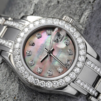 Rolex White Gold Lady-Datejust Pearlmaster 80299 29mm Black Mother of Pearl Dial, Diamond Bezel and Bracelet