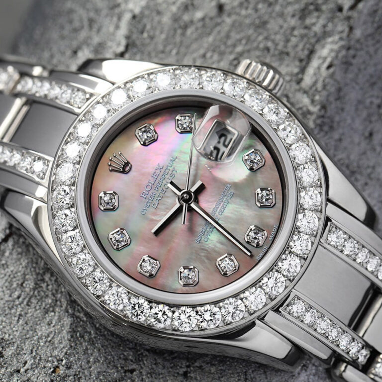 Rolex White Gold Lady-Datejust Pearlmaster 80299 29mm Black Mother of Pearl Dial, Diamond Bezel and Bracelet