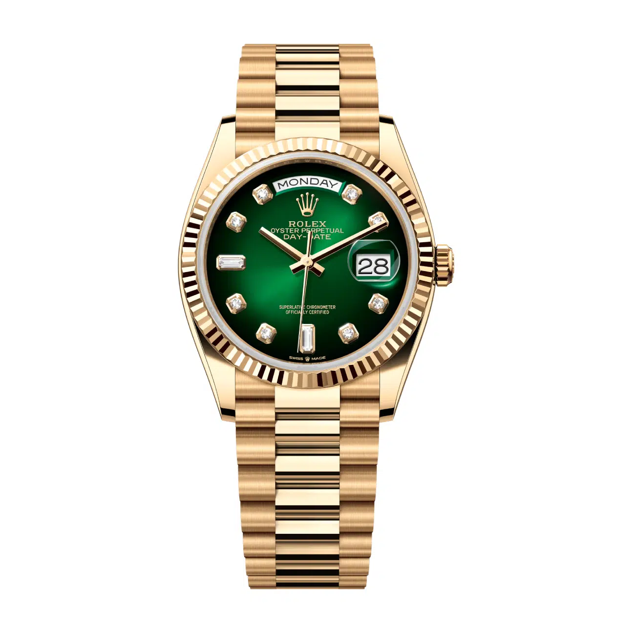 Rolex Day-Date 36mm 128238-0069 Yellow Gold Watch Green Diamond Dial 2024