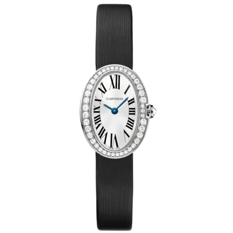 Cartier Baignoire WB520027 White Gold with Black Satin 25mm Watch With Silver Dial