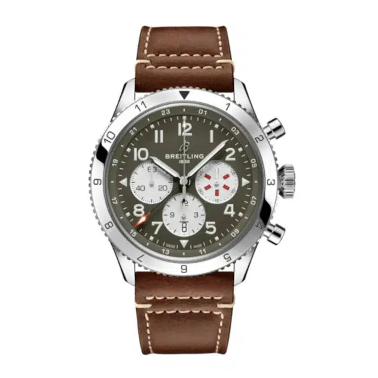 Breitling Classic AVI Super Avi B04 Chronograph GMT AB04452A1L1X1 46mm Green Dial Bidirectional Ratcheted Bezel Stainless Steel with Brown Calfskin Leather Strap Watch