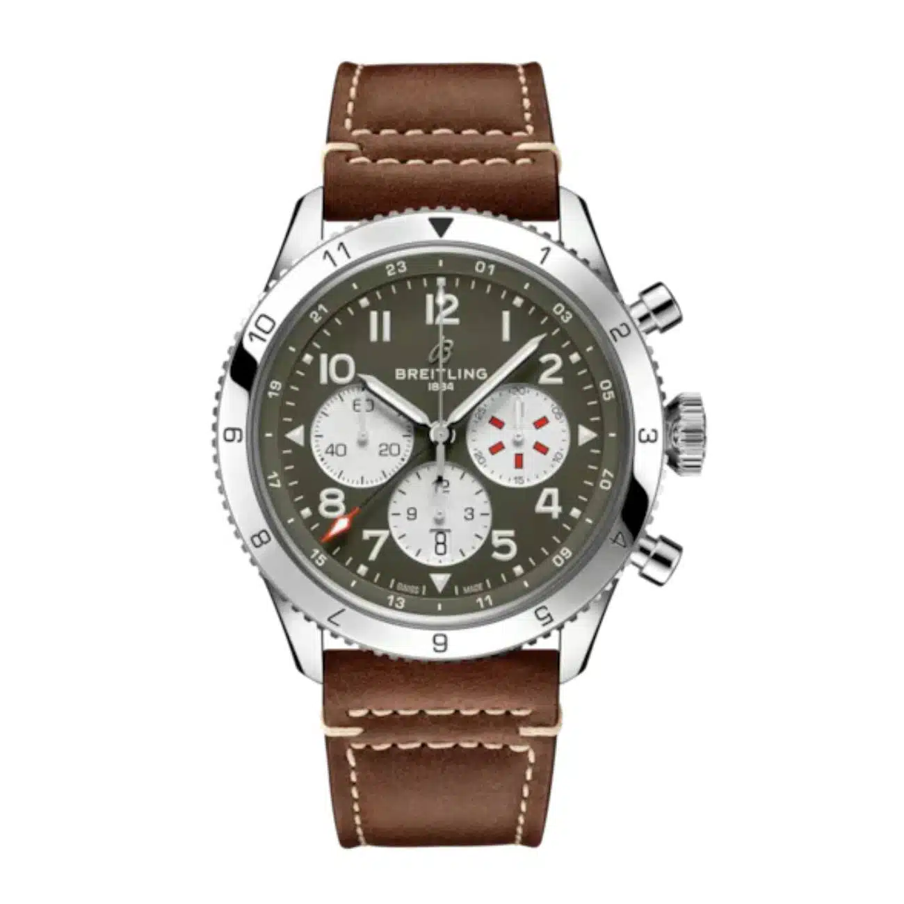 Breitling Classic AVI Super Avi B04 Chronogragh GMT AB04452A1L1X1 46mm Green Dial Bidirectional Ratcheted Bezel Stainless Steel with Brown Calfskin Leather Strap Watch