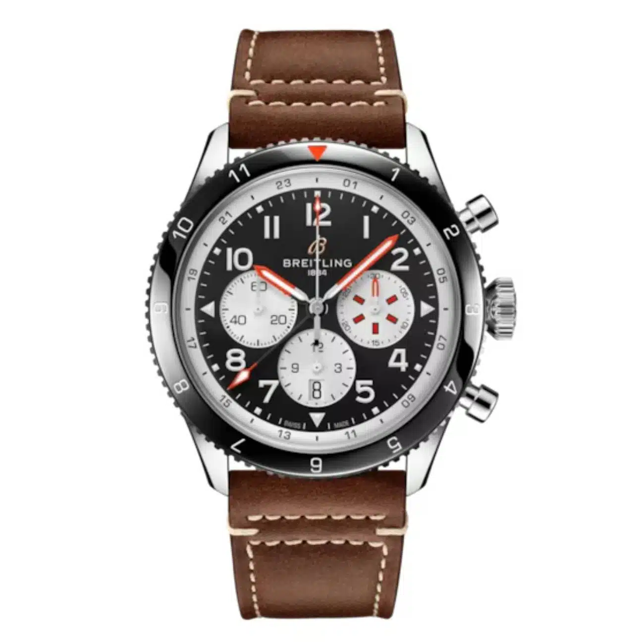 Breitling Classic AVI Super Avi B04 Chronogragh GMT Mosquito YB04451A1B1X1 46mm Black Dial Bidirectional Ratcheted Bezel Stainless Steel with Brown Leather Calfskin Watch