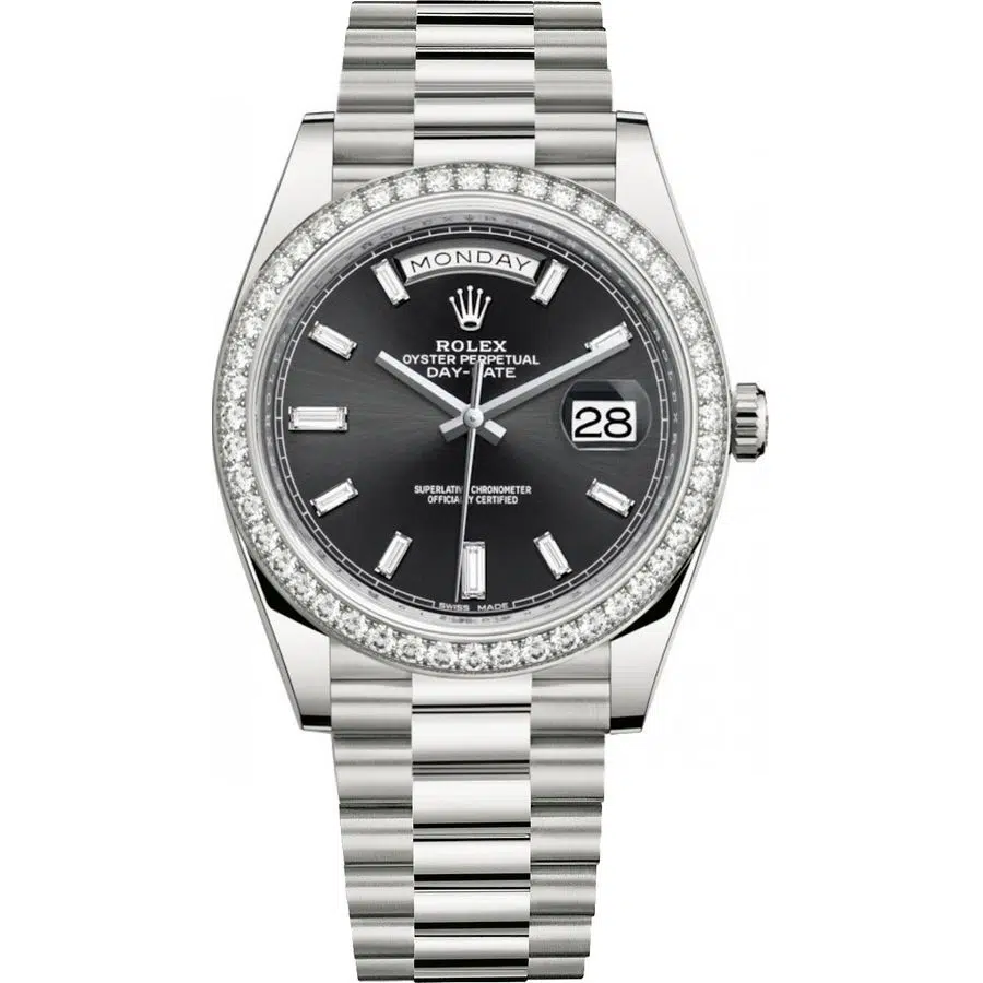 Rolex Day-Date 40mm 228349RBR-0003 White Gold with Diamond Bezel and Baguette Diamond Black Dial