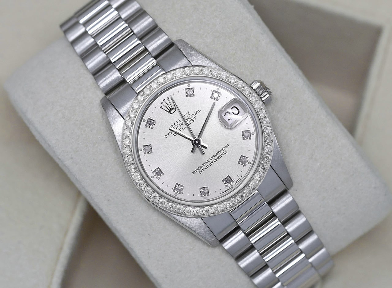 Rolex Datejust 31 White Gold Silver Diamond Dial Ladies Watch Presidential Band with Diamond Bezel 68279