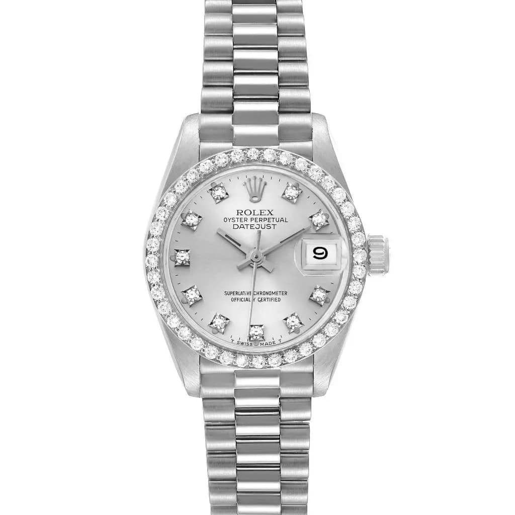 sl1600_39 Rolex Datejust 31 White Gold Silver Diamond Dial Ladies Watch Presidential Band with Diamond Bezel 68279