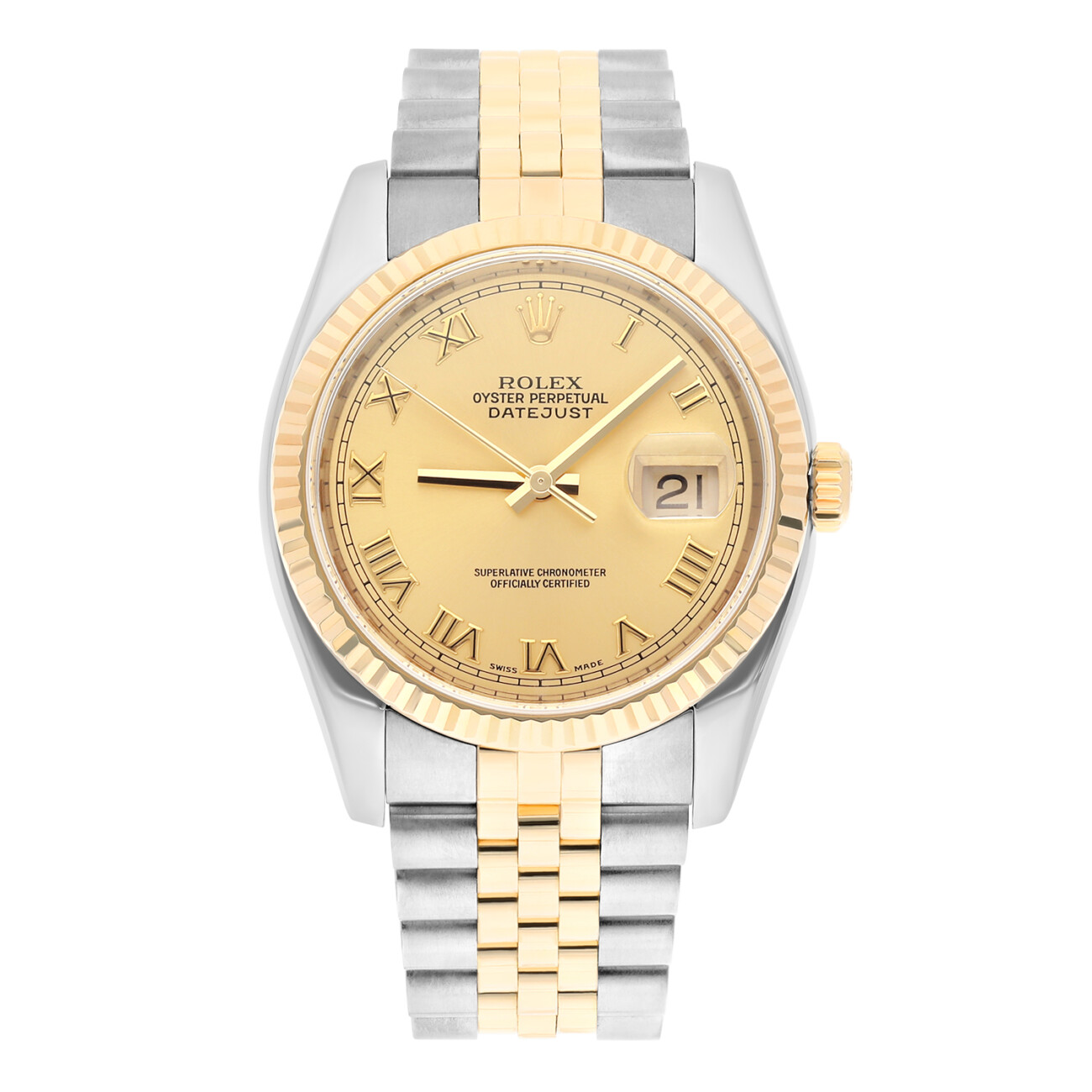 Rolex Datejust 36mm 116233 Two Tone Watch Champagne Roman Numeral Dial Jubilee Band Hidden Clasp