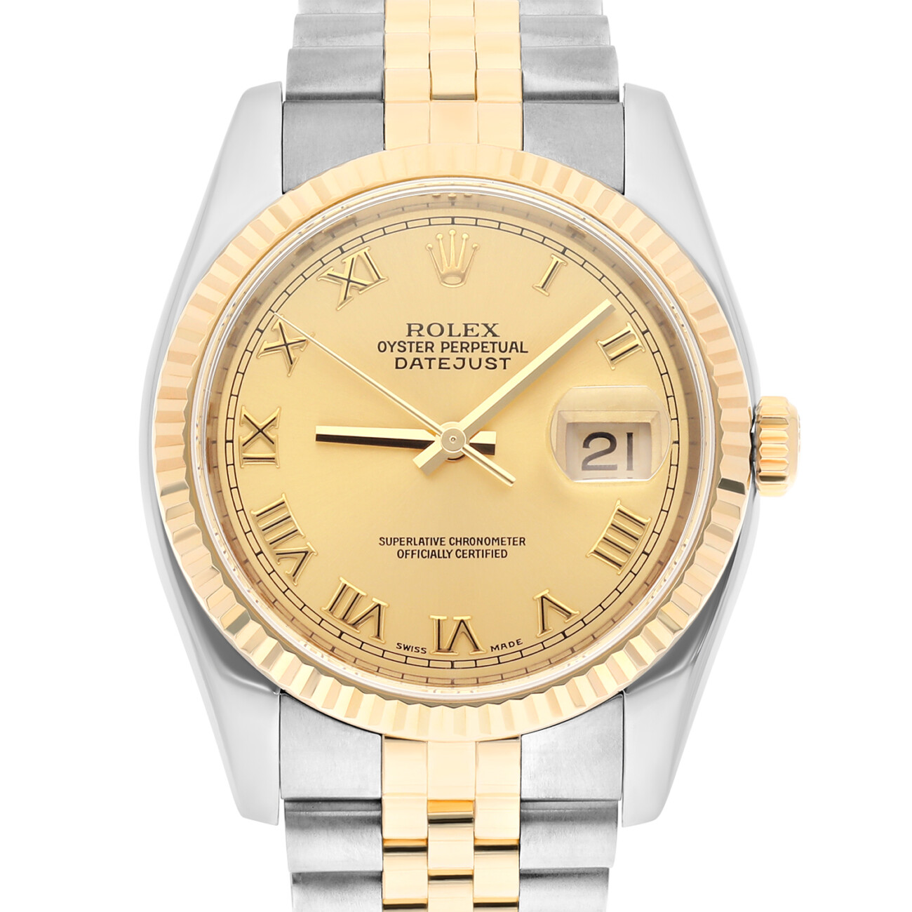 Rolex Datejust 36mm 116233 Two Tone Watch Champagne Roman Numeral Dial Jubilee Band Hidden Clasp