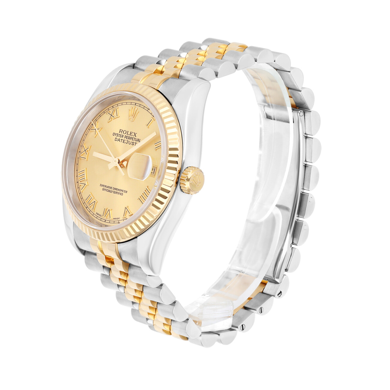 Rolex Datejust 36mm 116233 Two Tone Watch Champagne Roman Numeral Dial Jubilee Band Hidden Clasp