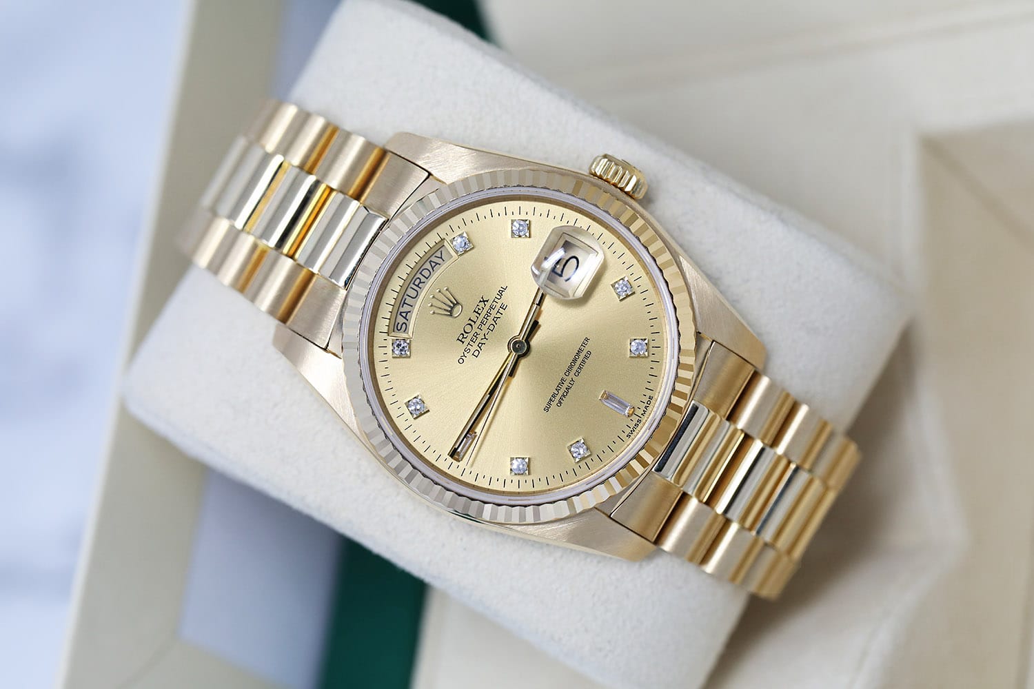 Rolex Day-Date Presidential Yellow Gold Watch Factory Champagne Diamond Dial 18238 Double Quick-Set - Image 3