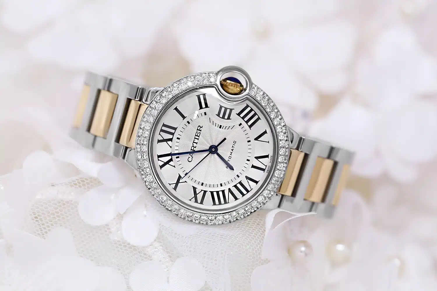 Cartier Ballon Bleu W6920047 two-tone steel and gold watch, diamond bezel, silver dial