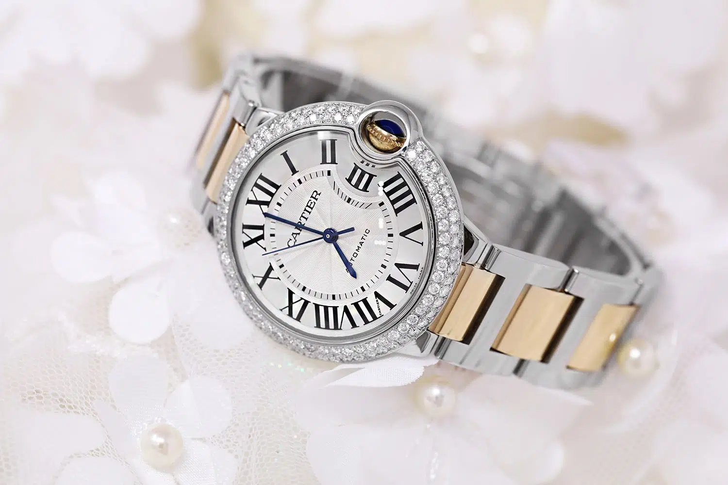 Cartier Ballon Bleu W6920047 36mm Steel 18K Yellow Gold Silver Dial Two Tone Unisex Watch Custom Diamond Bezel – image 4