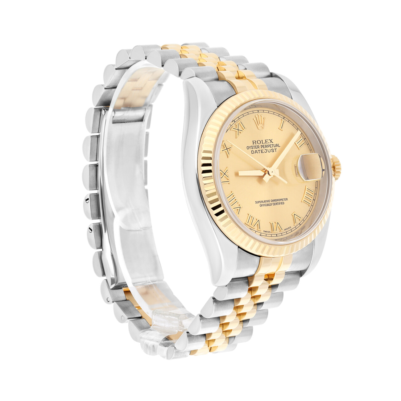 Rolex Datejust 36mm 116233 Two Tone Watch Champagne Roman Numeral Dial Jubilee Band Hidden Clasp