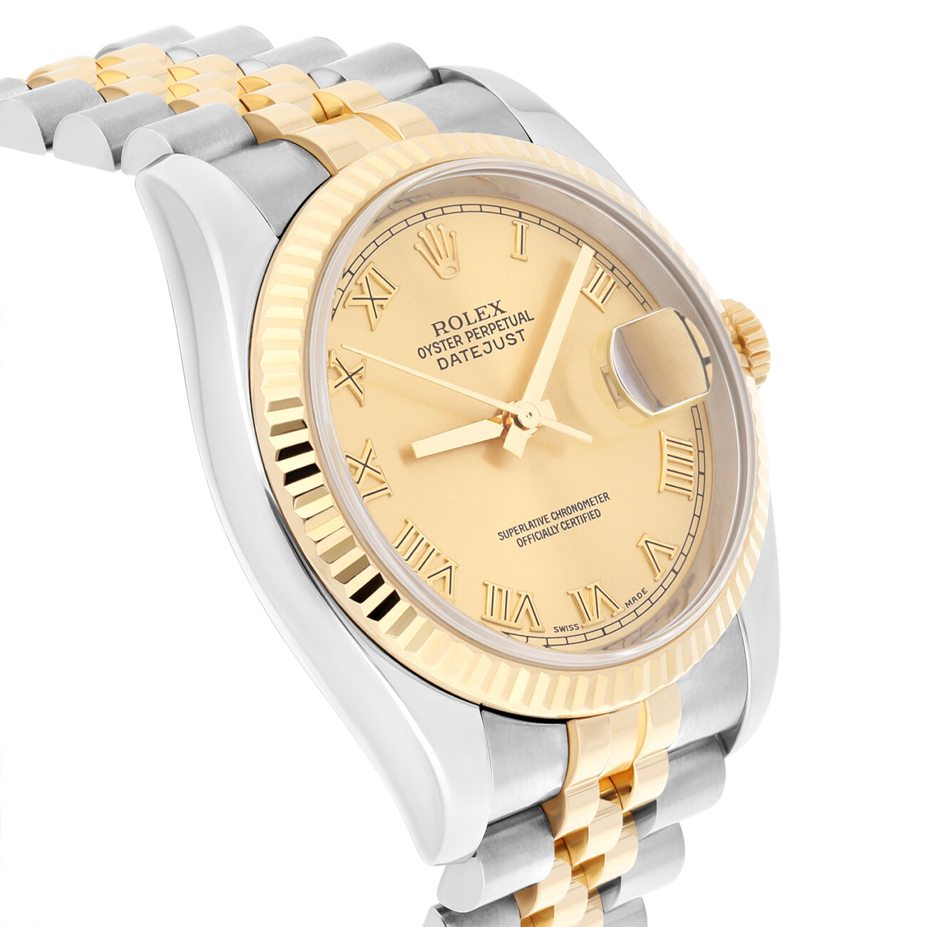 Rolex Datejust 36mm 116233 Two Tone Watch Champagne Roman Numeral Dial Jubilee Band Hidden Clasp