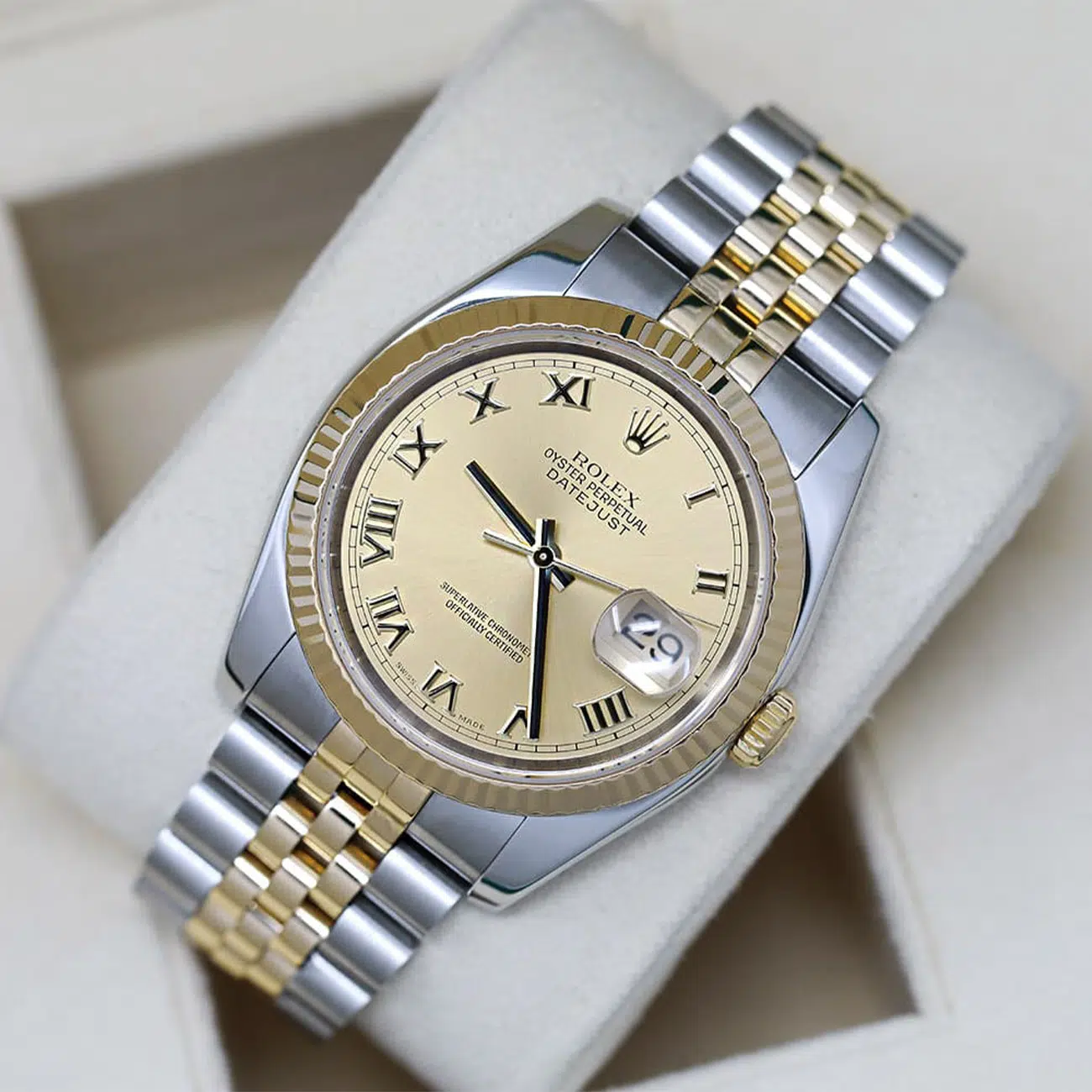 Rolex Datejust 36mm 116233 Two Tone Watch Champagne Roman Numeral Dial Jubilee Band Hidden Clasp