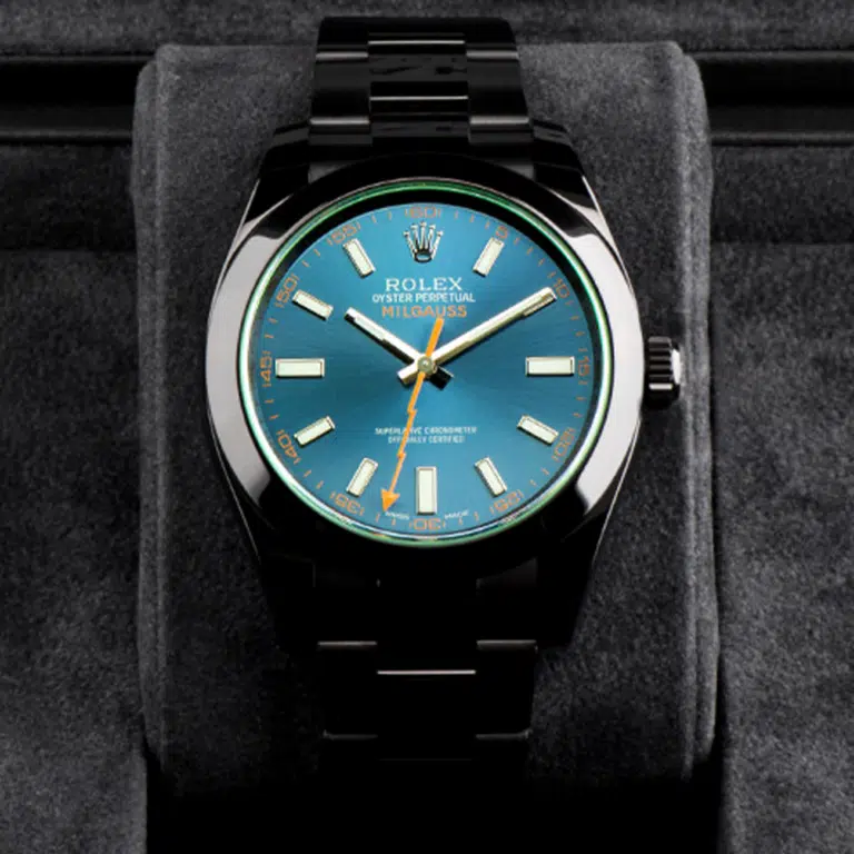 Rolex Milgauss Green Crystal Blue Dial Black PVD/DLC Stainless Steel Watch 116400GV – image 4