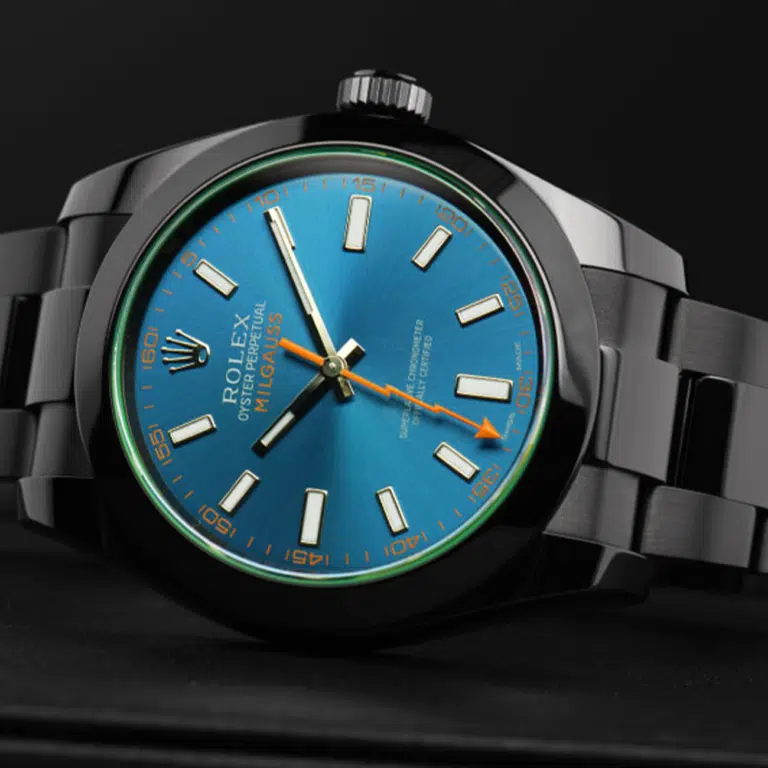 Rolex Milgauss Green Crystal Blue Dial Black PVD/DLC Stainless Steel Watch 116400GV – image 7