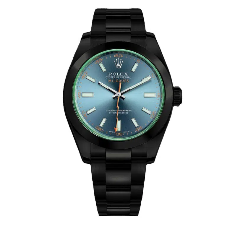 Rolex Milgauss Green Crystal Blue Dial Black PVD/DLC Stainless Steel Watch 116400GV