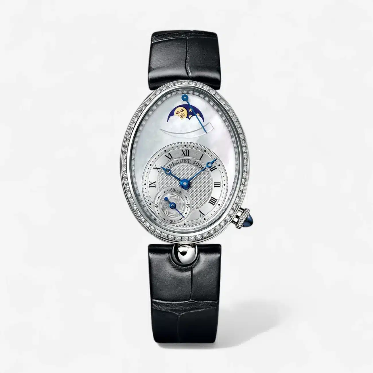Breguet Reine De Naples 8908BB52964D00D3L White Gold With Black Leather Watch MOP Roman Dial