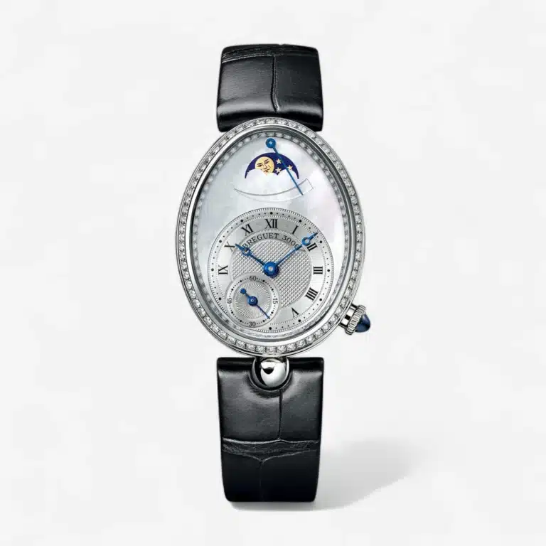 Breguet Reine De Naples 8908BB52964D00D3L White Gold With Black Leather Watch MOP Roman Dial