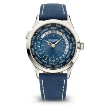 Patek Philippe World Time 5230P-001 platinum watch, blue dial, blue leather strap