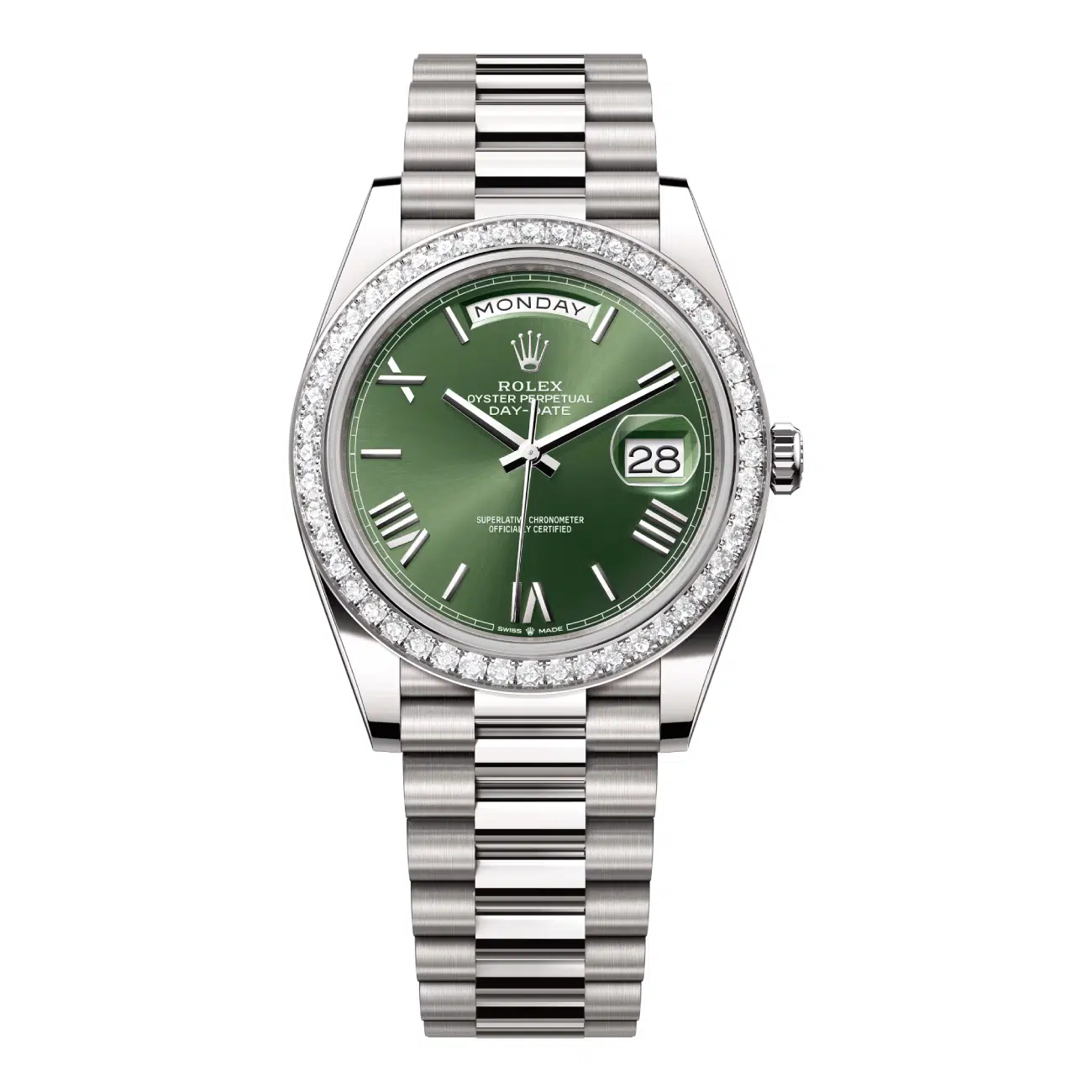 Rolex Day Date 40MM President 228349RBR-0030 White Gold with Diamond Bezel Green Roman Dial 2024
