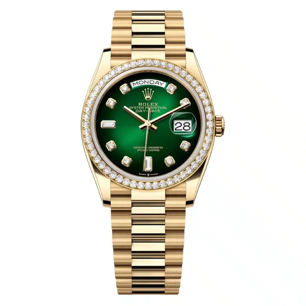 Rolex Day-Date 128348RBR-0035 2024 Yellow Gold Diamond Bezel Green Diamond Dial Watch