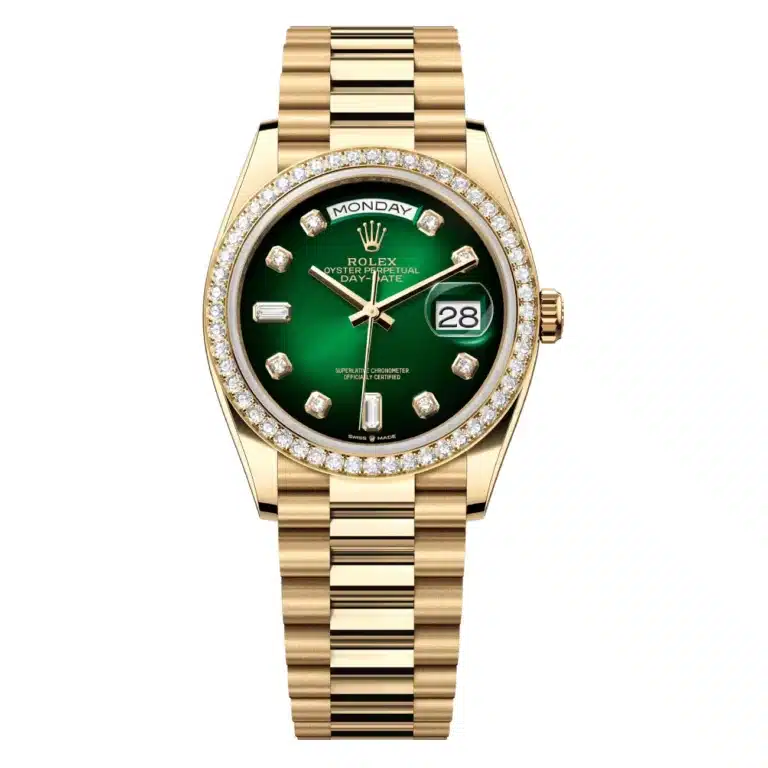 Rolex Day-Date 128348RBR-0035 2024 Yellow Gold Diamond Bezel Green Diamond Dial Watch