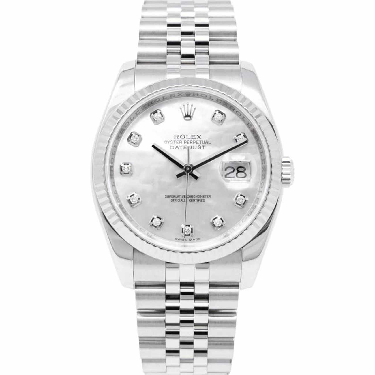 Rolex Datejust 36mm 116234-0078 Steel & White Gold Watch Factory White Mother of Pearl Diamond Dial