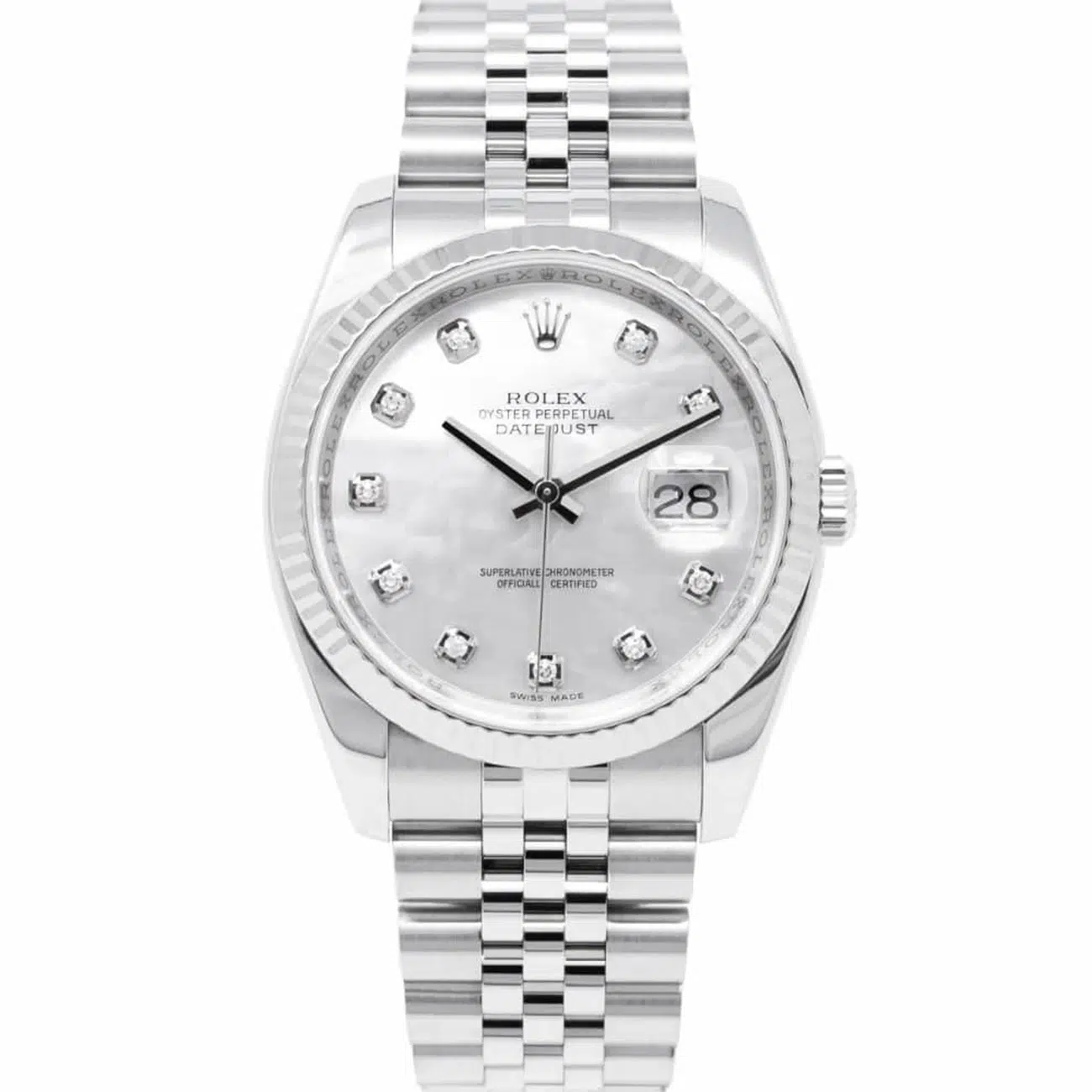 Rolex Datejust 36mm 116234-0078 Steel & White Gold Watch Factory White Mother of Pearl Diamond Dial