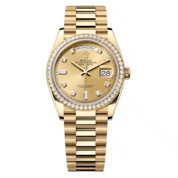 Rolex Day-Date 36mm 128348RBR-0008 Yellow Gold Watch Diamond Bezel Champagne Diamond Dial