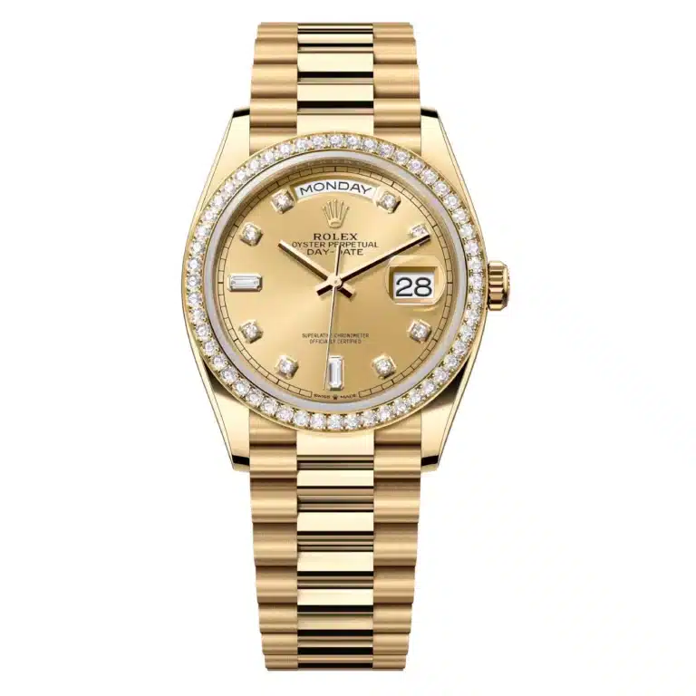Rolex Day-Date 36mm 128348RBR-0008 Yellow Gold Watch Diamond Bezel Champagne Diamond Dial