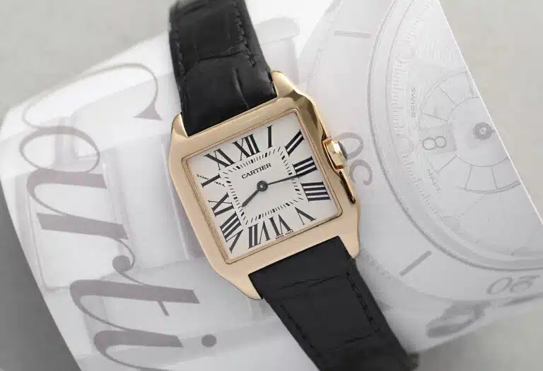 Cartier Santos Dumont 2787 18k Yellow Gold Watch with Ivory Roman Dial Leather Band – image 3