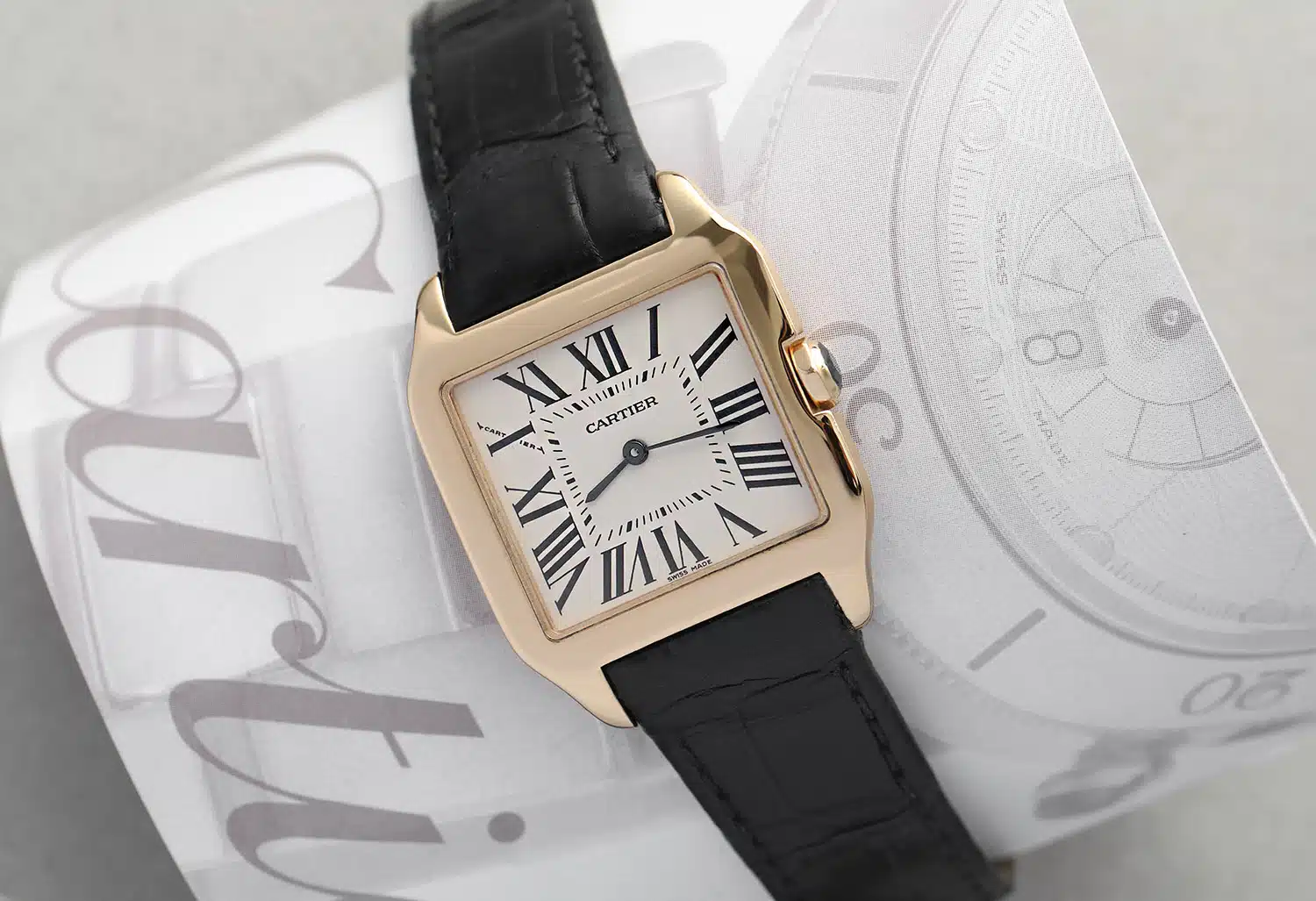 Cartier Santos Dumont 2787 18k Yellow Gold Watch with Ivory Roman Dial Leather Band – image 3