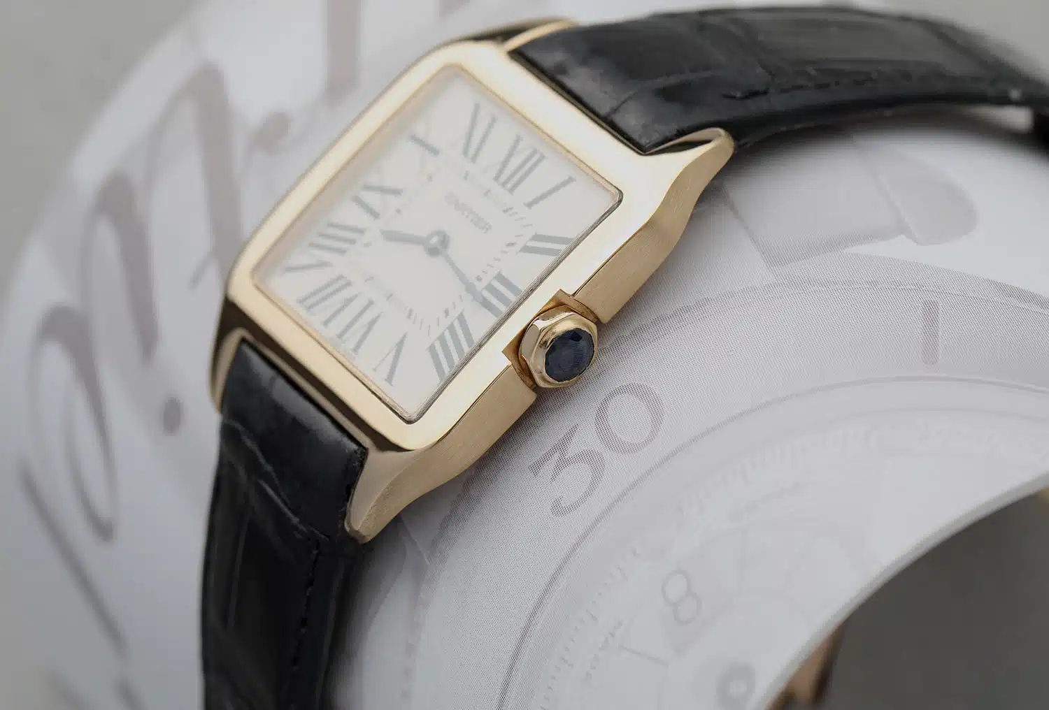 Cartier Santos Dumont 2787 18k Yellow Gold Watch with Ivory Roman Dial Leather Band – image 4
