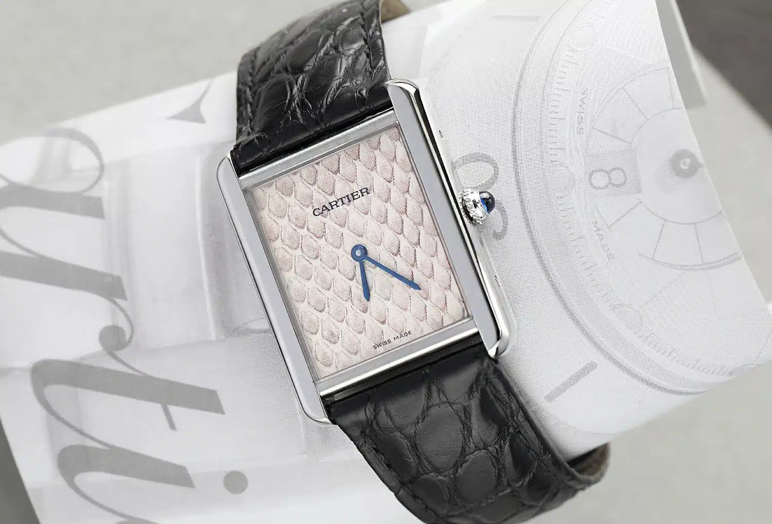 Cartier Tank Solo python pattern dial ladies watch, black strap, angled view