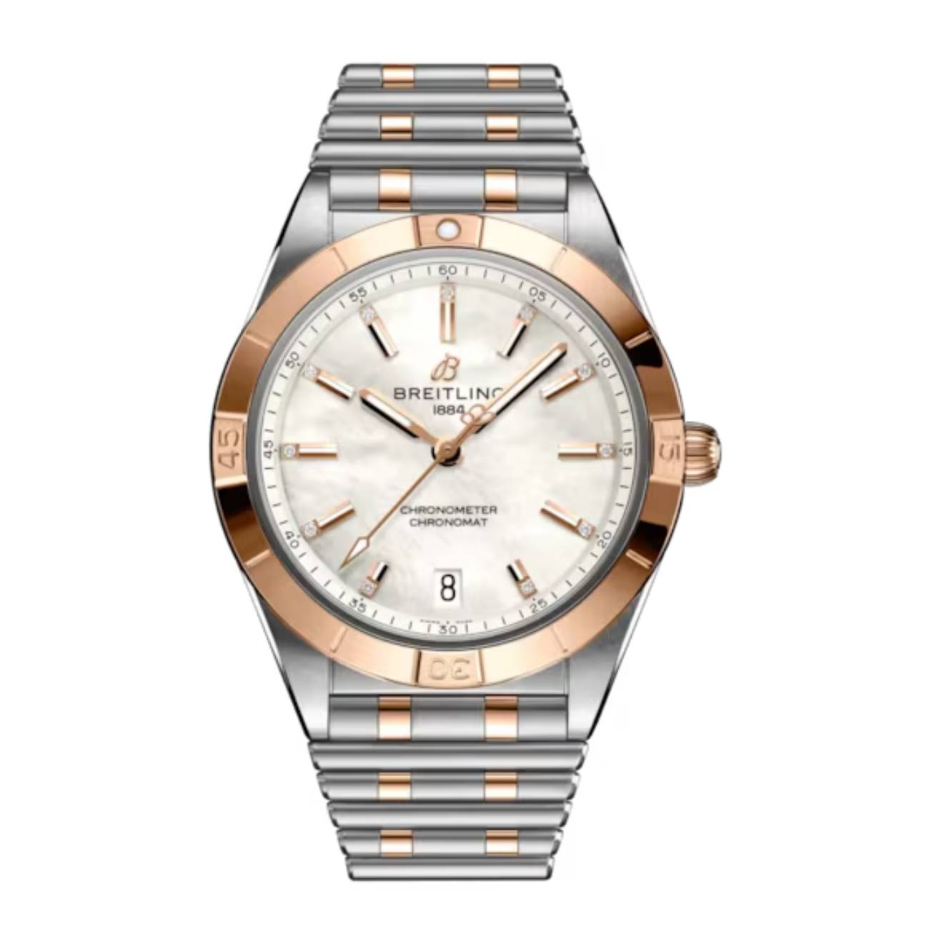Breitling Chronomat Automatic U10380101A2U1 36mm White Mother of Pearl Dial Unidirectional Ratcheted Bezel Stainless Steel and 18k Rose Gold with Stainless Steel and 18k Yellow Gold Bracelet Watch