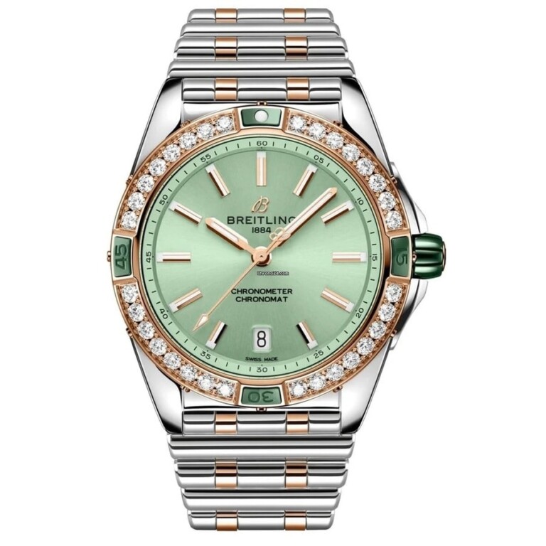 Breitling Super Chronomat Stainless Steel & Rose Gold Watch Mint Green Index Dial U17356531L1U1