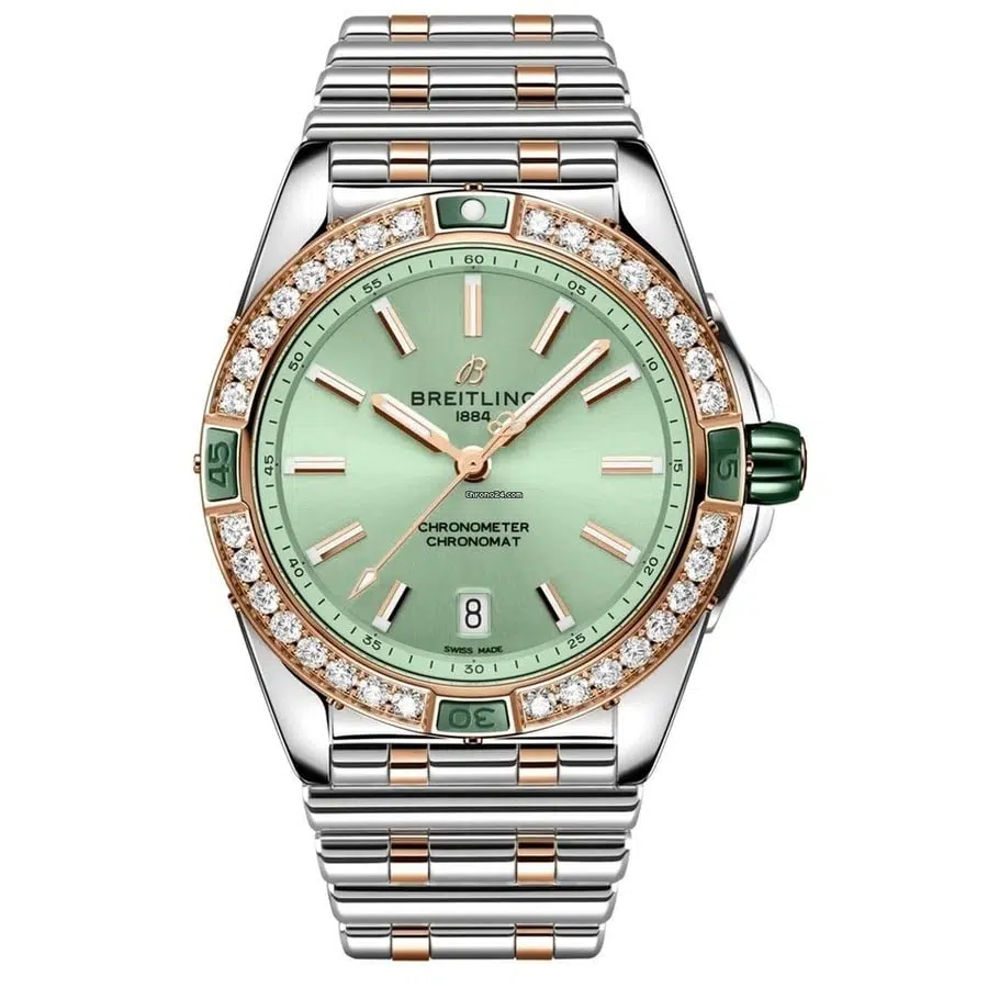 Breitling Super Chronomat Stainless Steel & Rose Gold Watch Mint Green Index Dial U17356531L1U1