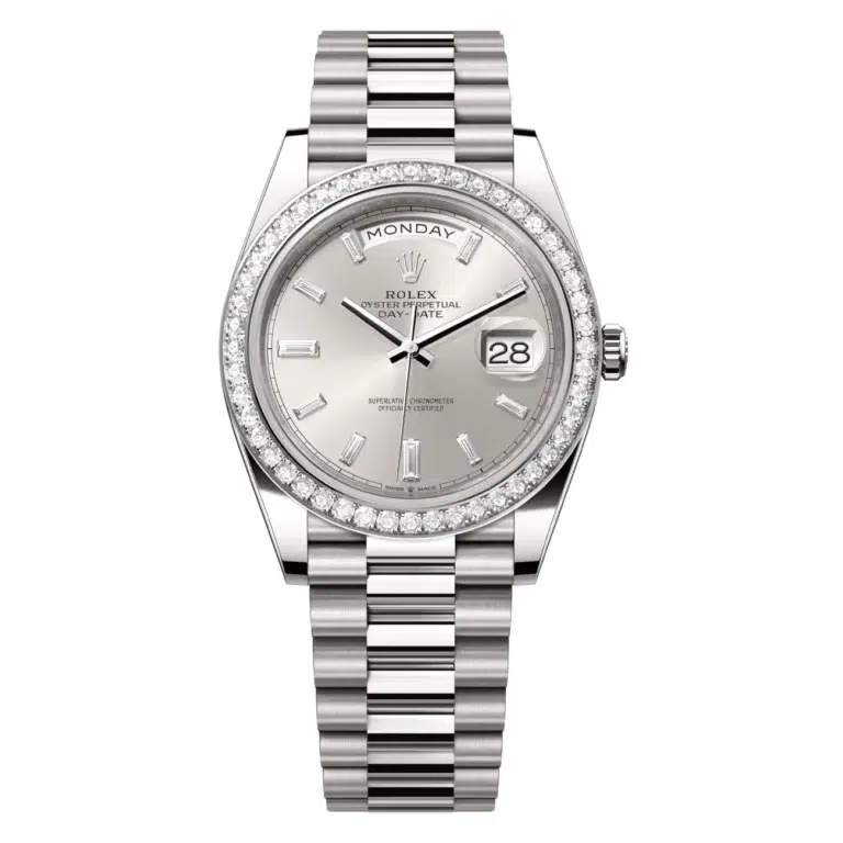Rolex Day-Date 40mm 228349RBR-0001 White Gold with Diamond Bezel and Silver Baguette Diamond Dial Watch