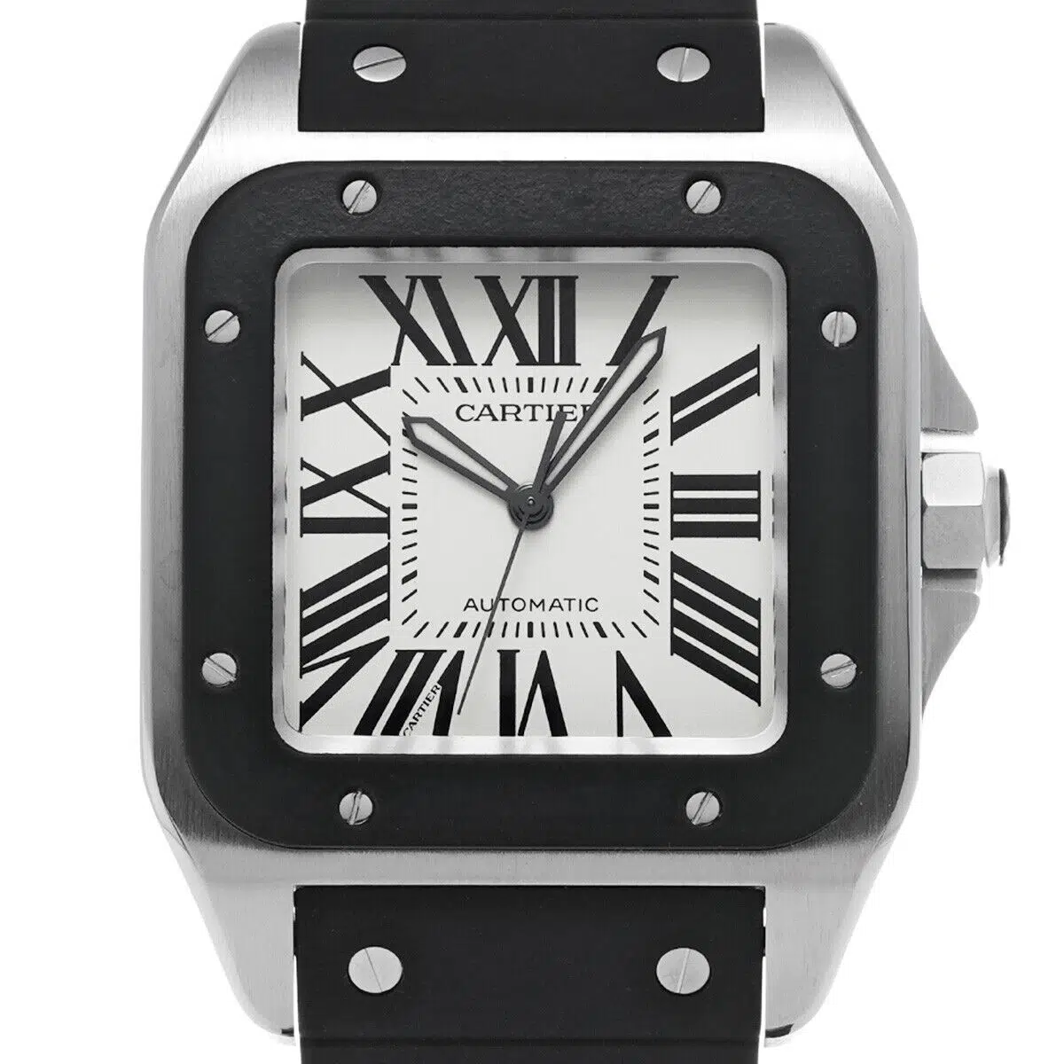Cartier Santos 100 Men's Watch W20121U2 Stainless Steel Watch with Black Rubber