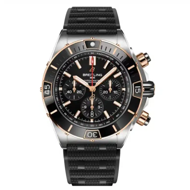 Breitling Super Chronomat B01 UB0136251B1S1 44mm Black Dial Unidirectional Ratcheted Rotating Bezel Stainless Steel & 18k Red Gold with Black Rubber Strap Watch
