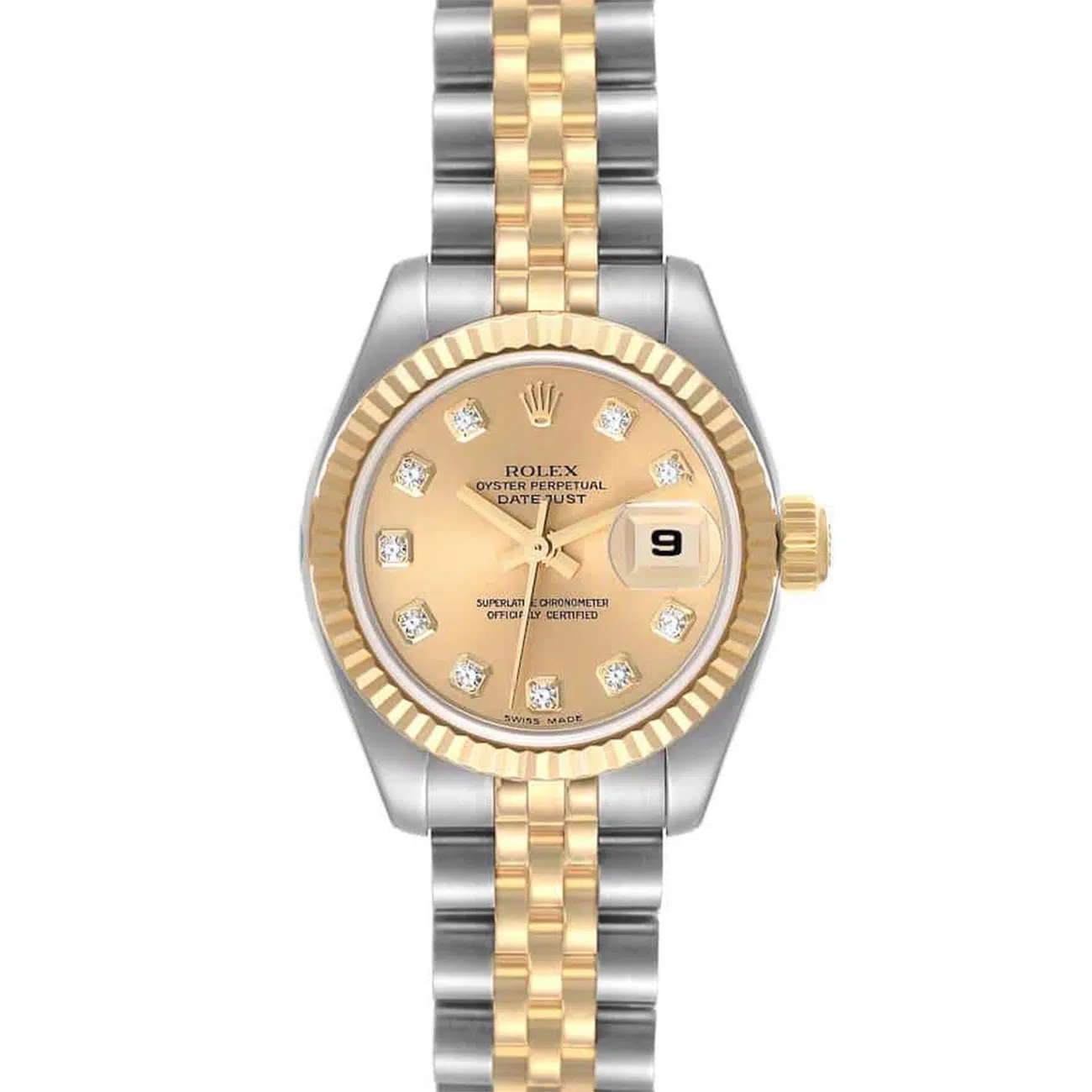 Rolex Lady-Datejust 179173 26mm Steel & Yellow Gold Watch Factory Champagne Diamond Dial Jubilee Band