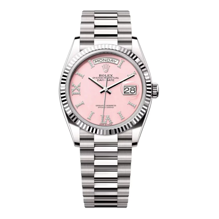 Rolex Day-Date 36mm 128239-0021 White Gold Watch Pink Opal Dial