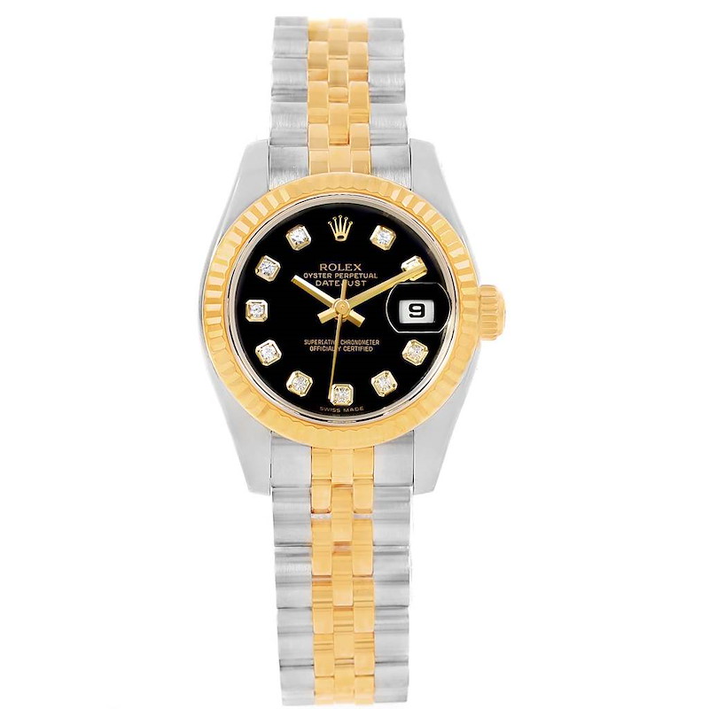 Rolex Lady-Datejust 179173 26mm Steel & Yellow Gold Watch Factory Black Diamond Dial Jubilee Band