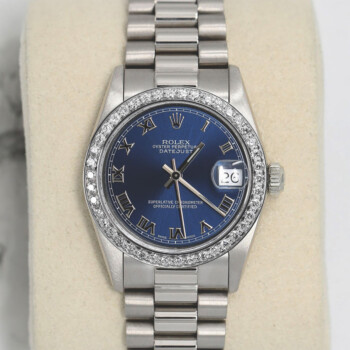 Rolex Datejust 31 White Gold Blue Roman Dial Ladies Watch Presidential Band with Diamond Bezel 68279