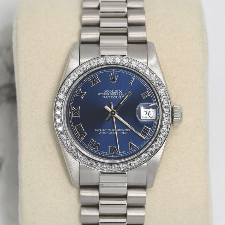 Rolex Datejust 31 White Gold Blue Roman Dial Ladies Watch Presidential Band with Diamond Bezel 68279