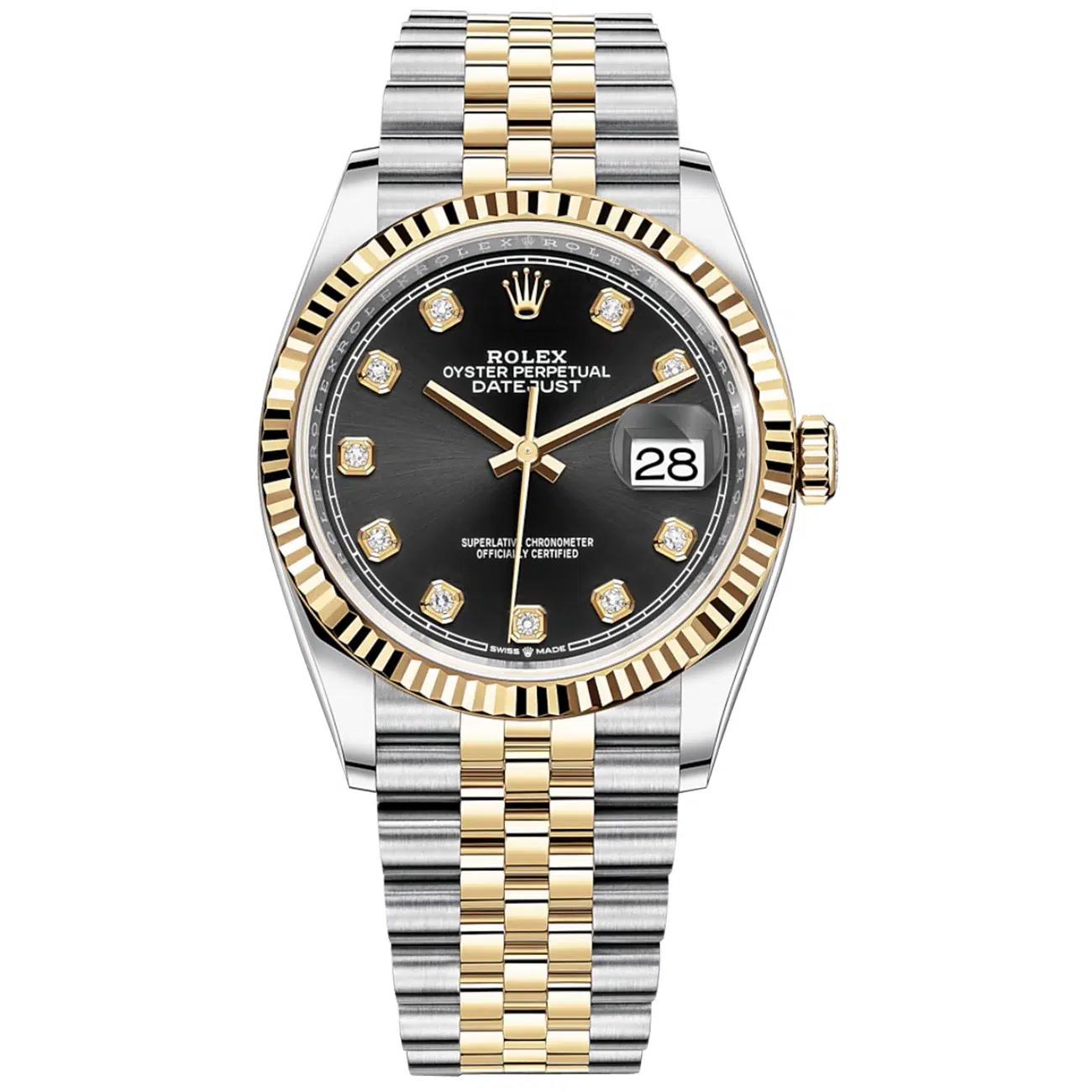Rolex Datejust 36mm 126233-0021 Stainless Steel & Yellow Gold Watch Jubilee Band Black Diamond Dial